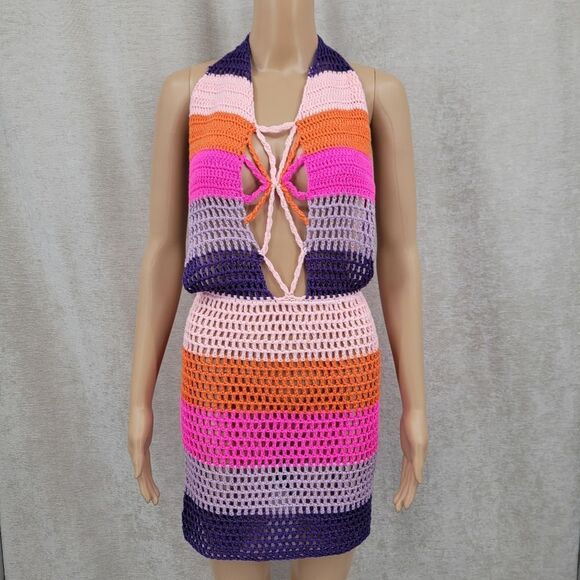 Davi & Dani Colorful Crochet Halter Dress Beach Swimsuit Cover Up Open Back NEW - Picture 3 of 11